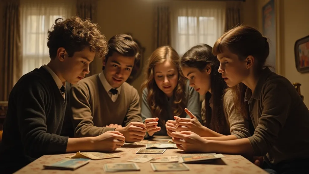 Family examining vintage postcards