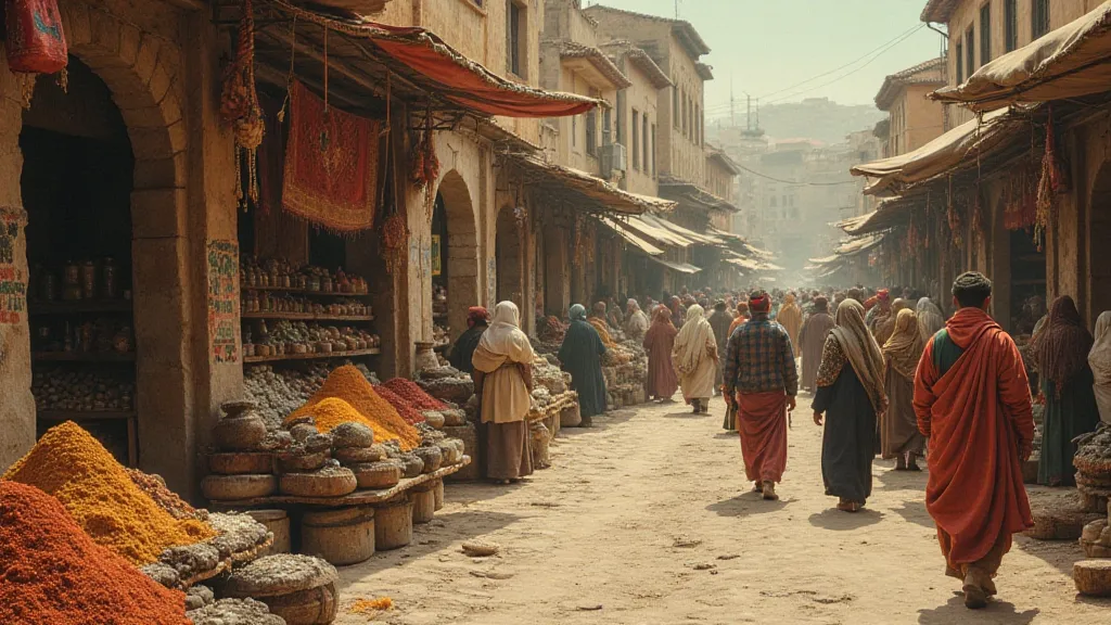 Vintage postcard of a Moroccan marketplace