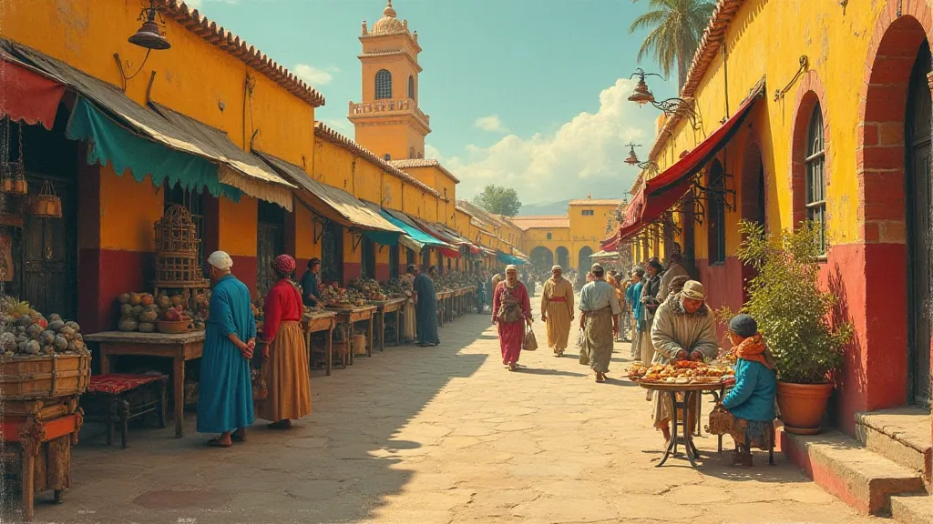 Vintage postcard of a Moroccan marketplace.