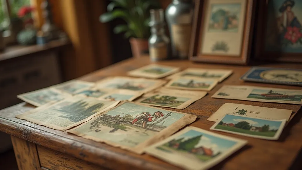Vintage postcard collection displayed on a table.