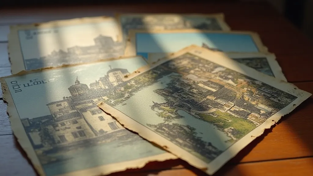 Collection of vintage postcards on a wooden table