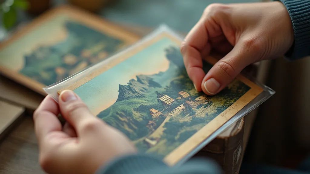 Collector placing a vintage postcard in a protective sleeve