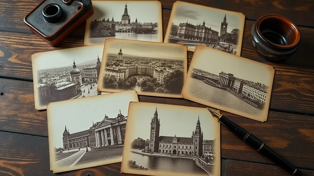 Still life arrangement of vintage postcards