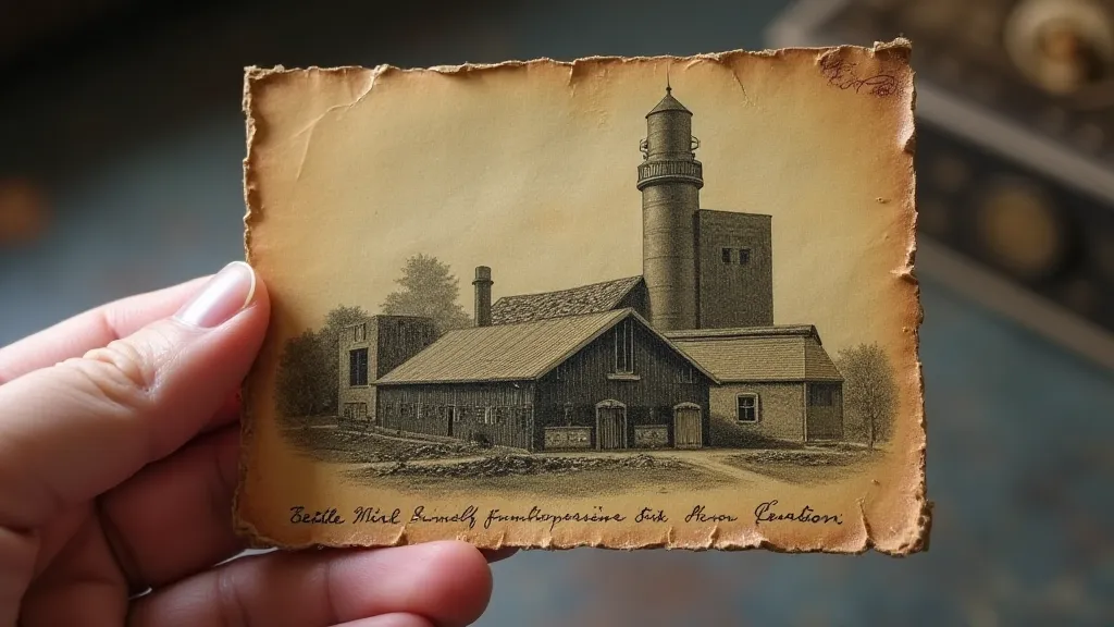 Worn vintage postcard of a textile mill